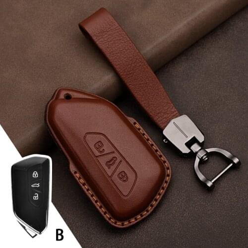 Leather Car Key Case Cover For VW Volkswagen Golf 8 Mk8 2020 Skoda Octavia 3 Buttons Keyless Shell Auto Accessories Ring