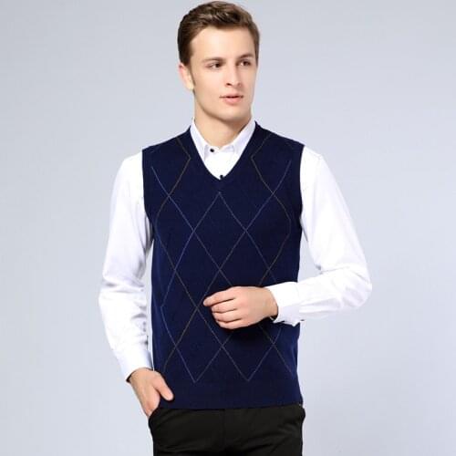 2016 Mens Autumn Argyle Sleeveless Wool Swetaer V-Neck Casual Males Sweater Pullover Cashmere Sweater Vest for Man