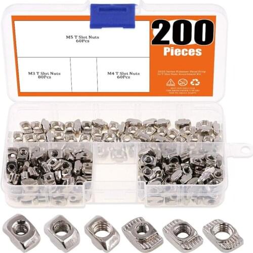 200/150Pcs European M3 M4 M5 T-Nut Slot Hammer Head Fastener Nut Assortment Kit for T Slot 20 Series Aluminum Profile