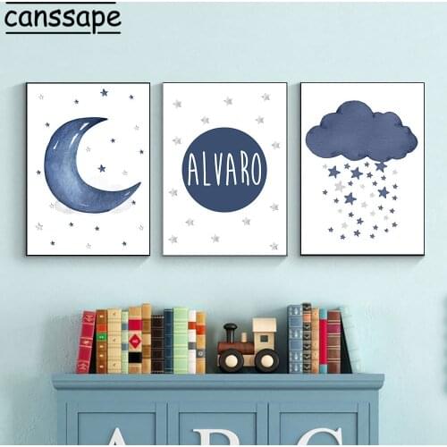 Nursery Wall Pictures Custom Name Canvas Painting Moon Stars Art Prints Clouds Paintings Nordic Wall Posters Baby Bedroom Decor