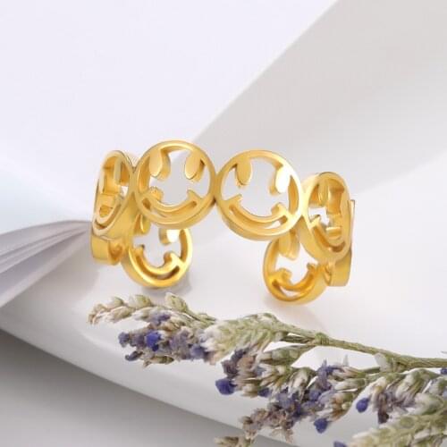 2021 New Vintage Gold Silver Color Happy Smiling Face Open Rings for Women Men Unisex Hip Hop Adjustable Ring Fashion Jewelry