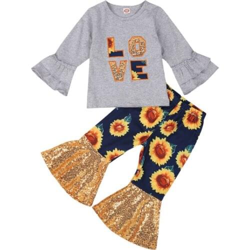 1-6Y Toddler Baby Girls Autumn Clothes Long Sleeve LOVE Embroidery Grey T Shirt Floral Pants Bell Bottom Shinning Trousers Sets