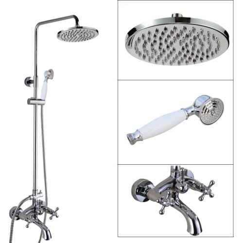 Polished Chrome Brass Dual Cross Handles Wall Mounted Bathroom 8" Round Rain Shower Head Faucet Set Bath Tub Mixer Taps mcy351