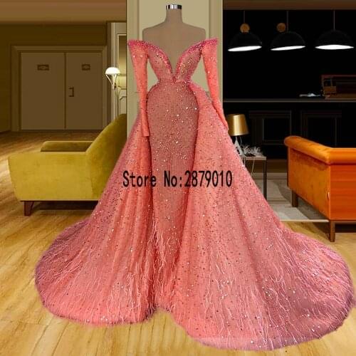 Watermelon Luxury Heavy Beading Mermaid Evening Dresses Deatachable Train Overskirts Feathers Evening Gowns Dubai Formal Dress