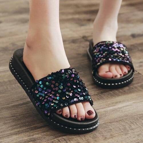 Bling Summer Women Slippers Shine Sequins Beach Slides Ladies Flat Shoes Fashion Slip On Girls Flip Flops Sandals Zapatillas