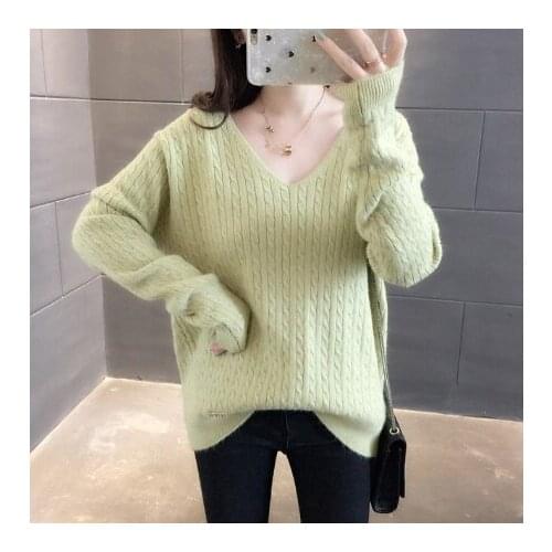 Womens Solid Color Twist Knit Sweater V-neck Bottoming Pullover Loose Long-sleeved Jacket Women Autumn Winter New Sweater Coat