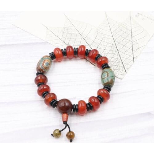 Vintage Beads Bracelet Natural Tibet Dzi Agates Stone Strand Bangle Bracelets Tassel Wristband Prayer Buddha Jewelry 19cm B333
