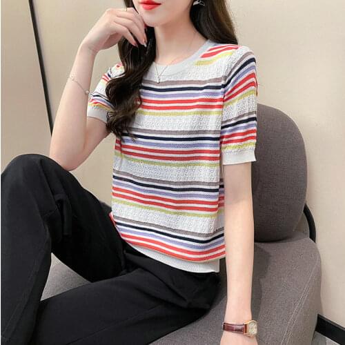 2021 Summer Rainbow Striped T-Shirt Women O Neck Short Sleeve Knitted Crop Tops Korean Style Fashion Hallow Out Tee Shirts Femme