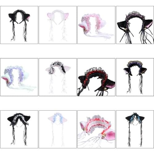 Women Ruffles Lace Headband Plush Cat Ears Ribbon Bell Lolita Cosplay Hair Hoop