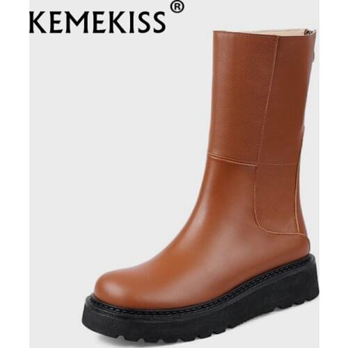 KemeKiss Women Mid Calf Boots Real Leather Thick Bottom Women Winter Shoes Fashion Short Boots Daily Women Footwear Size 34-40