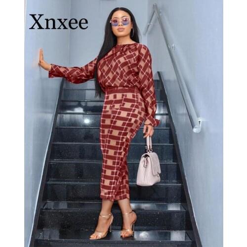 Autumn 2 Piece Outfits for Women O Neck Long Sleeve Plaid Shirt and Pencil Pant Office Ladies Casual Set Wholesale africa style