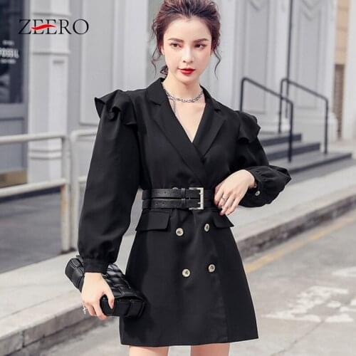 Spring Autumn Female Black Jacke A-Line Dress Lapel Lantern Sleeve Ruffle Blazer Women Double Breasted Outerwear Dresses Korean