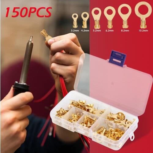 150pcs/set Ring Type Gold Terminals Golden Brass Non-insulated Crimp Terminals Connectors 3.2mm-10.2mm Cable Wire Connectors