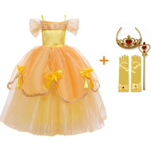 2021 New Girls Golden Princess Dress Kids Cosplay Belle Costume Birthday Party Clothes For Children Halloween Long Gown UP