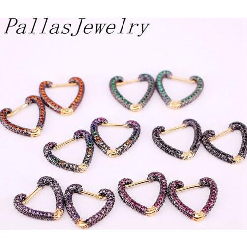3Pairs, Fashion micro pave cz heart Earrings With Colorful CZ gold hoop Earring girl / women jewelry