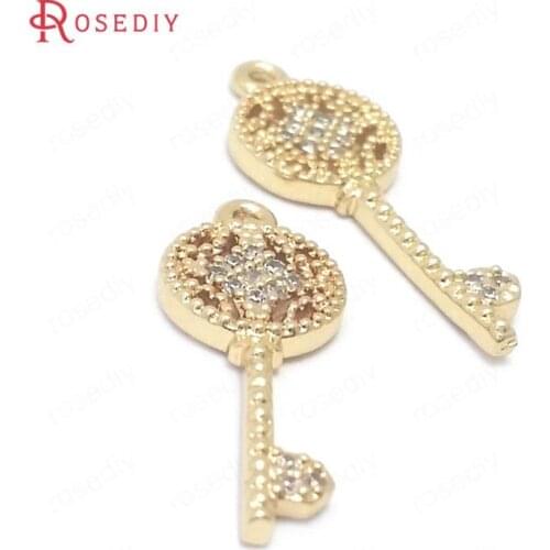 38893)6PCS 24K Champagne Gold Color Brass and Zircon Key Charms Pendants Jewelry Making Supplies Diy Findings Accessories