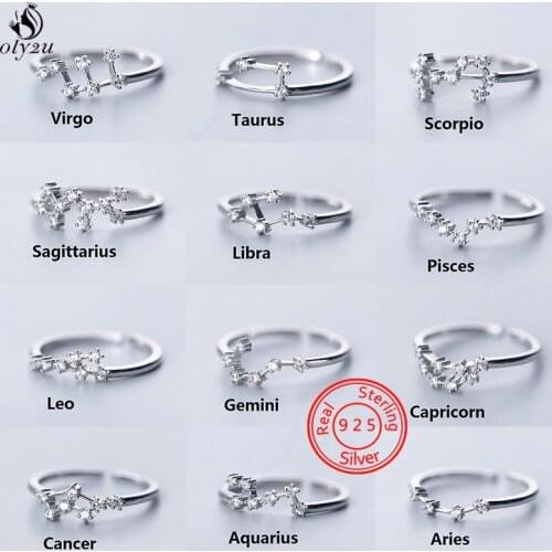 925 Sterling Silver Zodiac Sign Finger Rings for Women Trendy Jewelry Cubic Zircon 12 Constellation Adjustable Ring Aries Leo