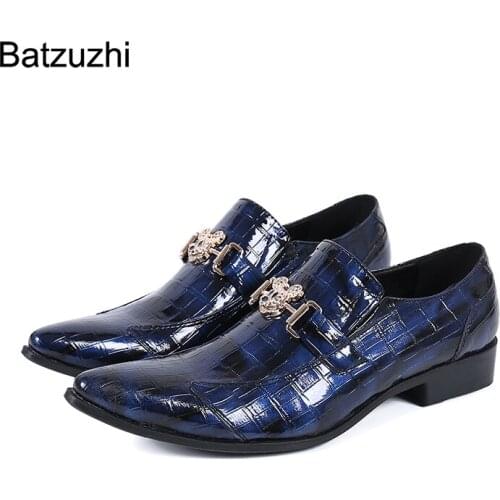 Batzuzhi New Design Mens Shoes Luxury Handmade Blue Genuine Leather Dress Shoes Men Pointed Toe Party a d Weddig Zapatos Hombre