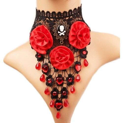 Flower Necklaces For Women Hyperbole Style Red Crystal Beads Tassel Necklace Sexy Lace Statement Choker Jewelry Accessories