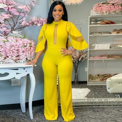 Mesh Sheer Spliced Rompers Womens Jumpsuit 2021 Split Flare Three Quarter Sleeve Formal Overall Office Lady Wide Leg Bodysuit