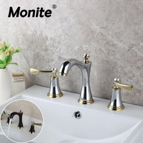 Monite Chrome Brass Bathroom Faucet Deck Mounted Stream 2 Diamond Handles Matte Black 3 Pcs Bathtub Basin Sink Mixer Tap Faucet