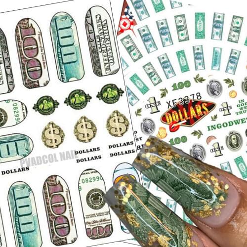 Money Nails Design Dollar Sign Nail Art Sticker Decals Self Adhesive 3D Manicure Tips Wraps Decoration Tool