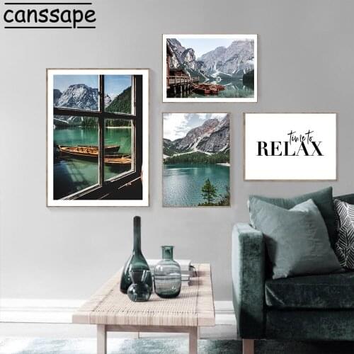 Mountain Art Print Boat Lake Wall Art Poster Natural Landscape Canvas Painting Nordic Wall Pictures For Living Room Decoration