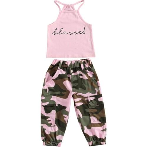 2021 New Girls Clothes Set Sleeveless Letter Printed High Neck Halter Tops with Camouflage Printed Long Pants Two Piece Outfits