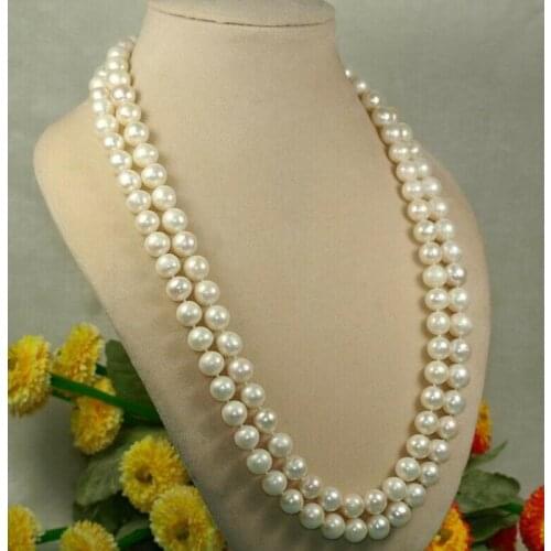 Single 9-10mm natural freshwater cultured white round genuine pearl necklace 50"