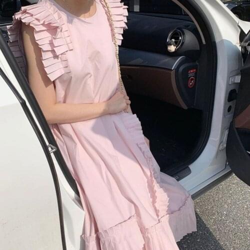 Pleated Short Sleeve Summer Dress for Women Elegant Loose Sweet Party Dress Chic Women Solid Irregular Long Dress Vestido 14001