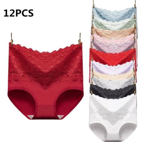 12PCS Female Sexy Lace Breathable High Waist Panties Womens underwear cotton seamless panties girl stretch large size briefs