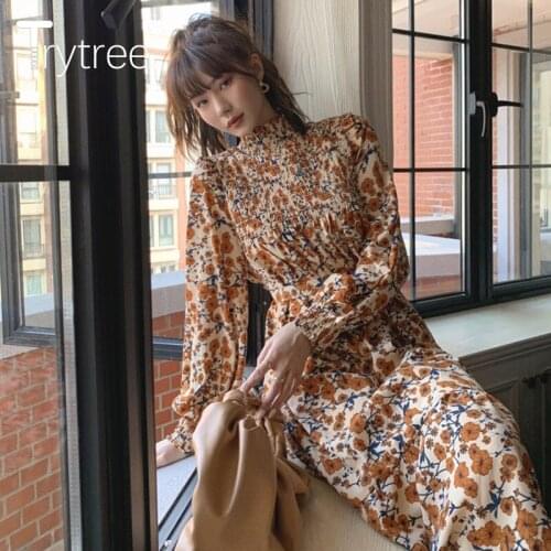 Trytree 2021 Spring Autumn Womens Dress Casual Floral Korean Fashion Belt Urban Long Sleeve Lolita Dress Midi Elegant Dress