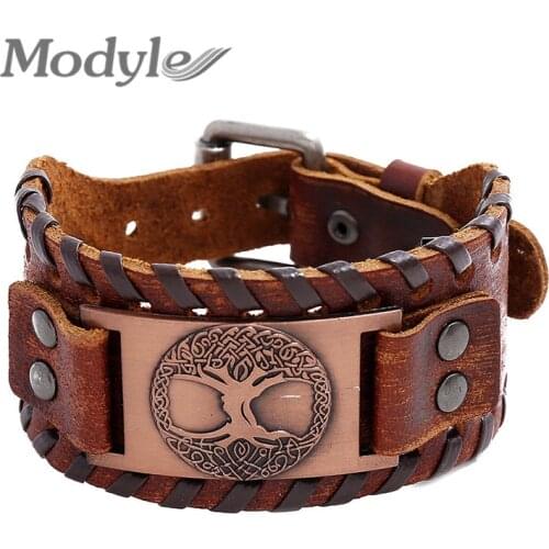 Modyle Vintage Genuine Wide Leather Bracelet Tree Of Life Silver Color Charm Wicca Viking Bangle Amulet Wristband Gift For Men