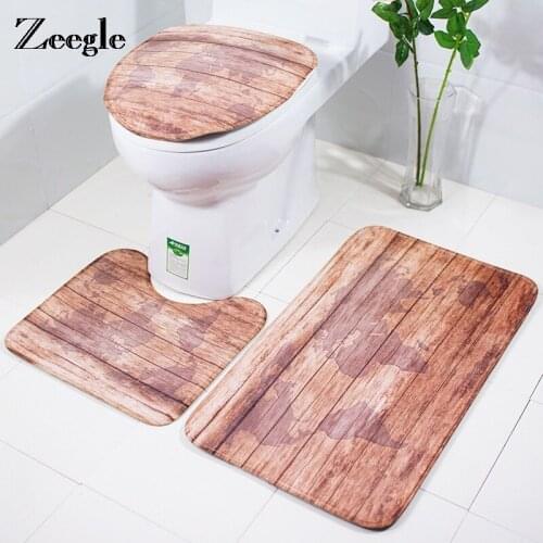 Zeegle 3pcs/set Bathroom Mat Set Wood Pattern Bath Mat Anti Slip Bathroom Rug Soft Foam Toilet Mat and Bath Rug Sets
