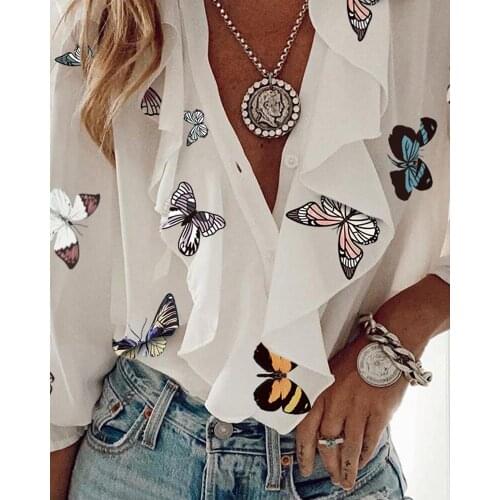 2021 New Women Button-down Ruffle Shirt Office Lady Solid Color/Letter/Butterfly/Plant Print V-neck Long Sleeve Chiffon Tops