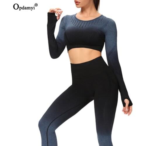 Women Sportswear Yoga Set Workout Clothes Gradient Athletic Wear Sports Leggings Gym Set Seamless Fitness Long Sleeve Yoga Suit