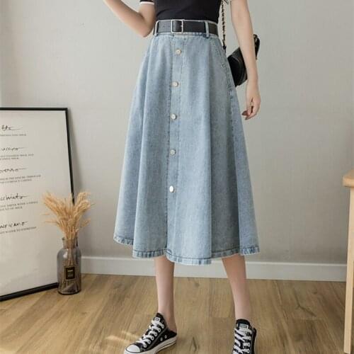 Spring Autumn 2021 New Denim Womens Umbrella Skirts with Belted Single-Breasted High Waist Jeans A-Line Skirts Female