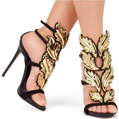Qianruiti Women Gold Silver Yellow White Cruel Summer Leaves Angle Wings Shoes Woman Buckle Strap Gladiator High Heels Sandals