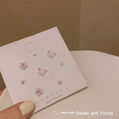 S925 Fashion Fairy Butterfly Flower Earring Set INS Wind Pearl Classic Simple Female Compact Temperament Earrings