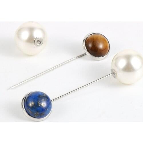 12mm Natural Stone Onyx Crystal Tiger Eye Brooch Imitation Pearl Safe Pins Bag Hat Clothes Lapel Brooches Badge Jewelry