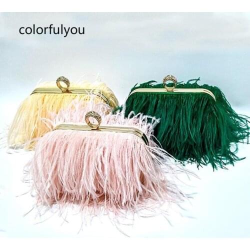 2021 Luxury Ostrich Feather Party Evening Clutch Bag Women Wedding Purses and Handbags Small Shoulder Chain Bag Designer Bag