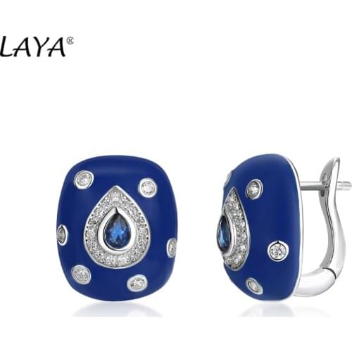 925Sterling Silver Fashion Retro Style High Quality Zircon Synthetic Crystal Blue Enamel Clip Earrings For Women Classic Jewelry