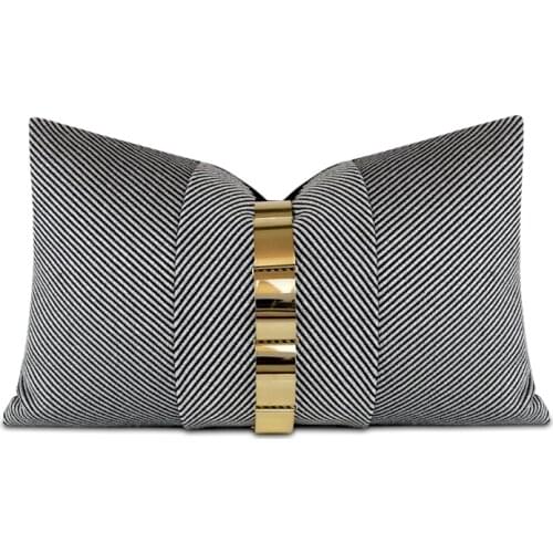 Light Luxury Plaid Cushion Cover Solid Grey Throw Pillowcase Metal Circle Design Decorative Living Room Pillow Cover 30x50cm