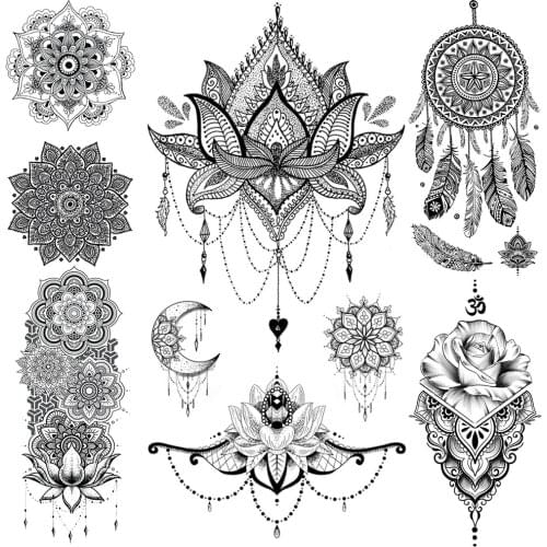Black Henna Fake Temporary Tattoos For Women Large Sexy Dreamcatcher Tattoo Rose Mandala Flower Body Lace Mehndi Tatoo Feather