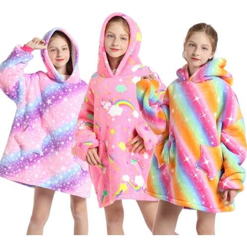 Baby Girls Rainbow Unicorn Pajamas Polar Pleece Hooded Blanket Long Sleeves Oversize Sofa Super Warm Clothes for Children