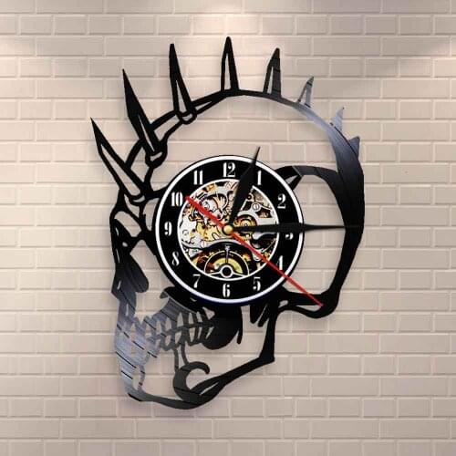 Halloween Horror Decor Vintage Rude Dude Punk SkeletonMohican Biker Tattoos Scary Skeleton Head Monster Vinyl Record Wall Clock