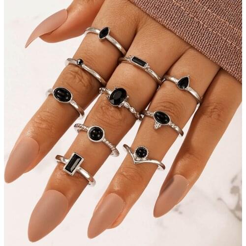 Tocona 10pcs/sets Luxury Black Crystal Stone Joint Ring Sets for Women Vintage Silver Color Alloy Metal Party Jewelry Anill0