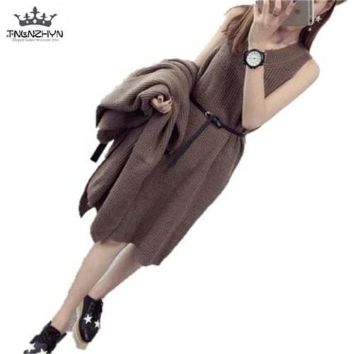 Korea Style 2019 Spring Autumn Fashion Sweater Dress Suit Long Knitted Cardigans Sleeveless Knitting Dress 2 Piece Set SK116