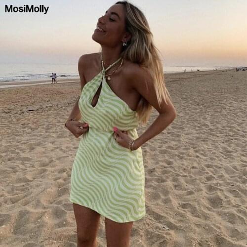 MosiMolly 2021 Summer Print Halter Neck Dress Women Boho Beach Mini Dress Female Vestidos Satin Dress