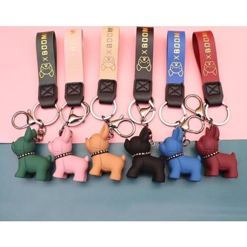 Fashion French Punk Bulldog Keychain PU Leather Dog Keychains For Women Bag Charm Trinket Men Car Key Ring Men Key Chain Jewelry